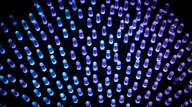 Glowing blue and purple LED light array on black background technology