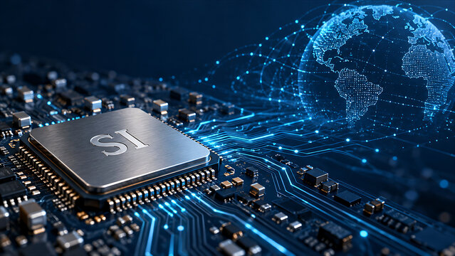 SI Processor Connected to a Glowing Digital Globe