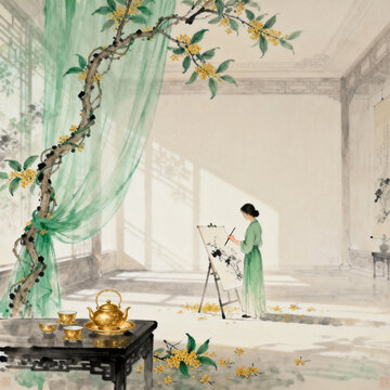 Chinese Ink Painting of Lady Painting in Courtyard