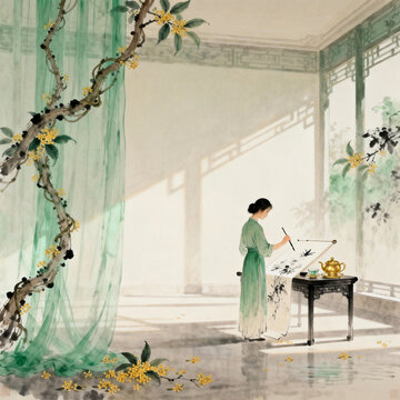 Chinese Ink Painting of Lady Painting in Courtyard