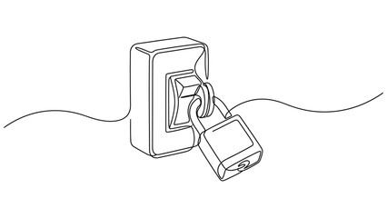 Obraz premium Continuous single line of a padlock secured to a light switch, isolated on a white background, concept of security and restricted access