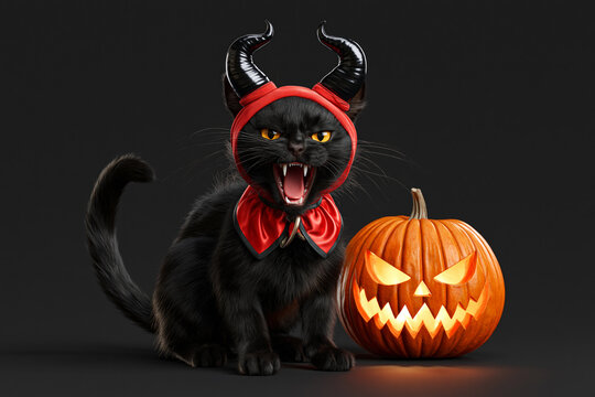 Black cat wearing red devil horns and bow beside carved pumpkin