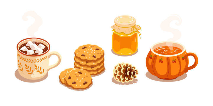 Flat Cartoon Autumn Cozy Set with Hot Cocoa, Cookies, Honey, Tea and Pine Cone