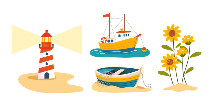 Flat Cartoon Coastal Illustration Set with Lighthouse, Fishing Boats and Wildflowers
