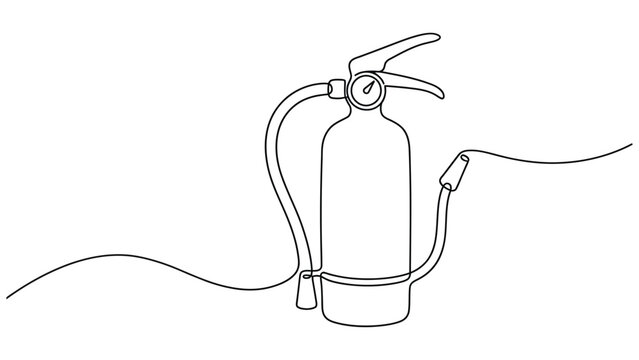 Continuous single line of a red fire extinguisher for emergency safety, isolated on a clean white background