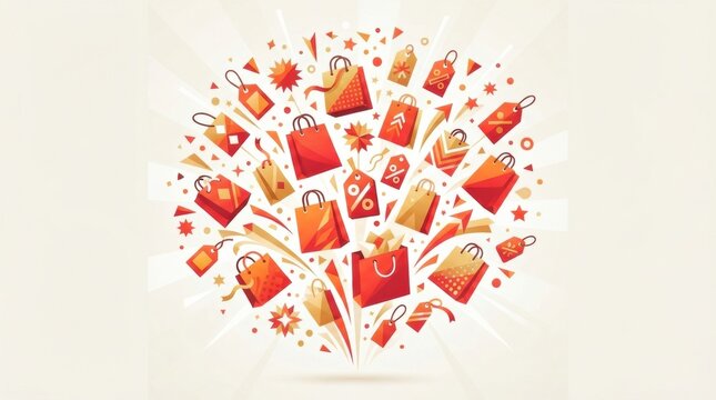 This graphic features various shopping bags and discount symbols in a creative layout promoting retail offers and sales events.