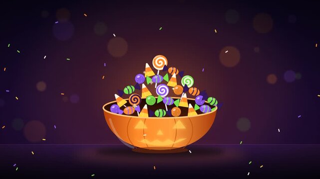 Halloween candy bowl shaped like a glowing jack-o'-lantern filled with lollipops, candy corn and wrapped sweets, seamless looping trick or treat animation