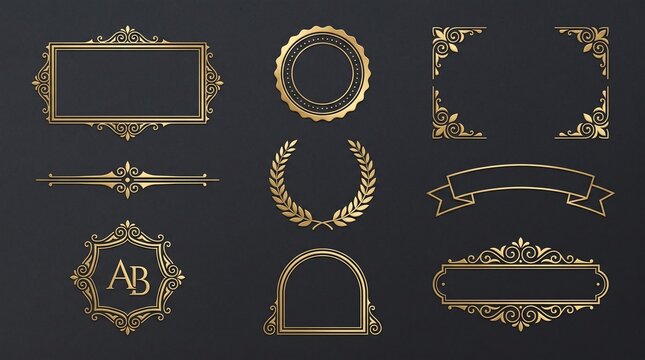 Gold foil vintage frames and decorative borders on dark background