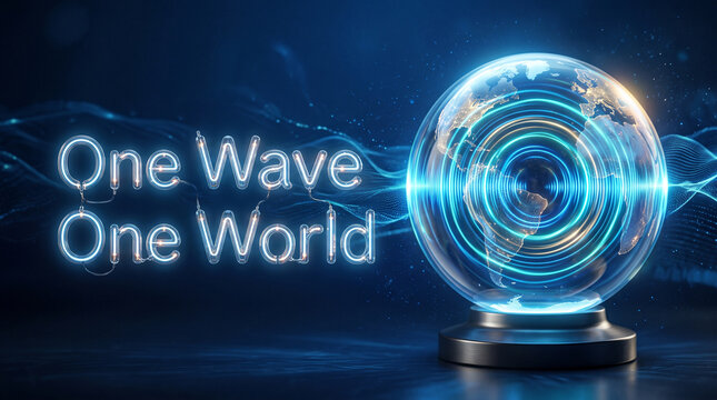 A glowing glass globe with concentric sound waves and neon text on dark blue background with glass sphere containing glowing earth model emits concentric blue light waves against dark background