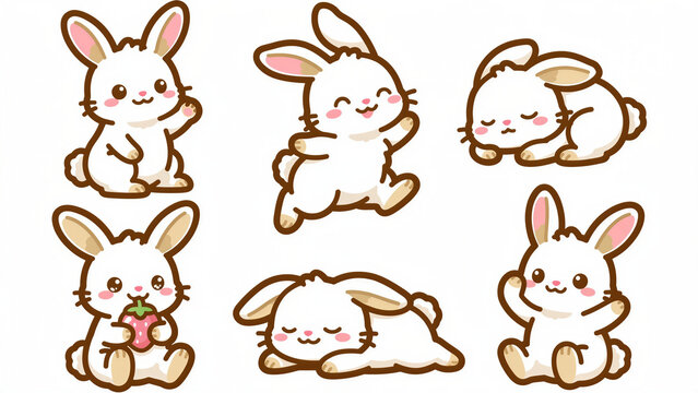The little rabbit displays a cheerful demeanor, showing off poses such as sleeping soundly, hopping around playfully, waving, and happily munching on a strawberry.
