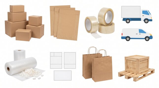 Logistics and shipping supplies collection isolated on white