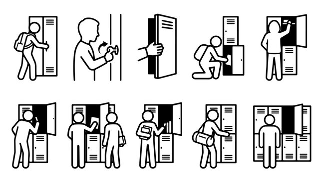Minimalist locker icons set, school and gym storage line art, 10 student locker pictograms, black and white person using lockers png