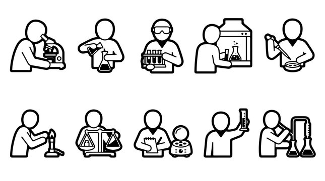 Laboratory scientist line icon set, research chemist vector symbols, black linear scientific pictogram collection