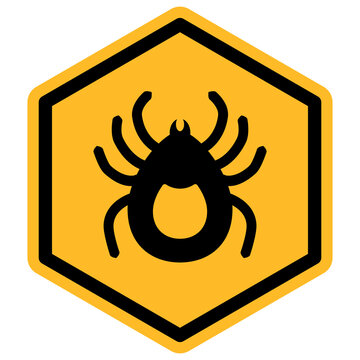 Warning tick icon in a yellow hazard hexagon with transparent PNG format, symbolizing insect danger, parasite alert, and tick bite risk for health safety warnings