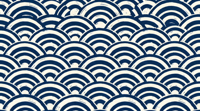 Japanese seigaiha navy blue ocean wave scale woodblock print seamless pattern
