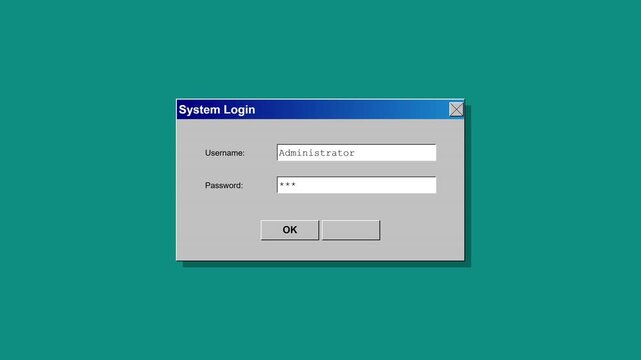 Digital system login window interface with username and password fields on a teal background for authentication and security access concepts