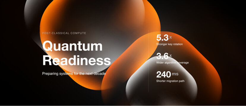 Abstract shapes, orange hues dominate. Text highlights quantum readiness, systems preparation, performance metrics shown. Dark background enhances visual impact.