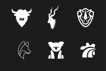 Fototapeta premium Modern Minimalist Animal Head Logos Set with Yak, Markhor, Rhinoceros, Fox, Koala, and Rooster Icons for Branding