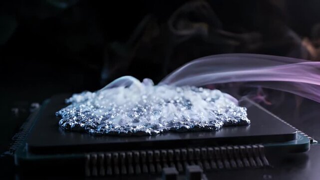 Liquid metal thermal paste on a computer chip with smoke