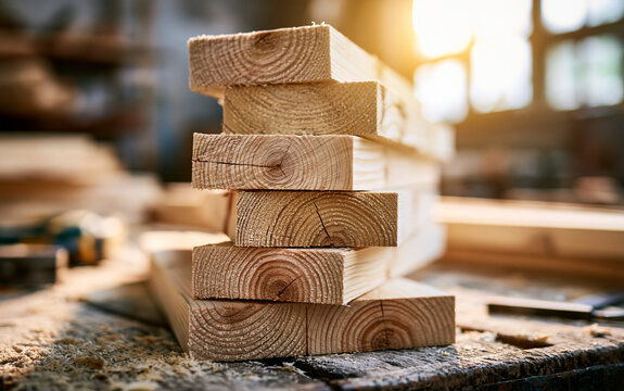 Carpentry and woodworking craftsmanship, stack of raw pine lumber planks on a workbench in a sunlit workshop for construction and home renovation projects