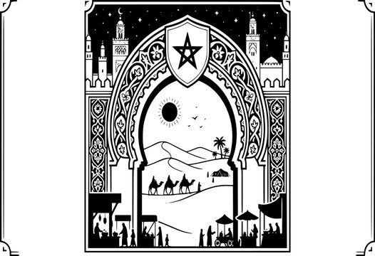 Black and White Morocco Flag Medina Arch Silhouette: Moroccan Heritage Vector, Sahara Desert Icon