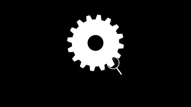 White gear icons with magnifying glasses on black background. 4K video