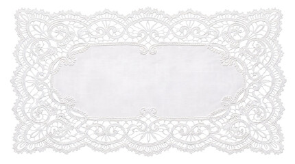Elaborate white oval lace doily with isolated on transparent background