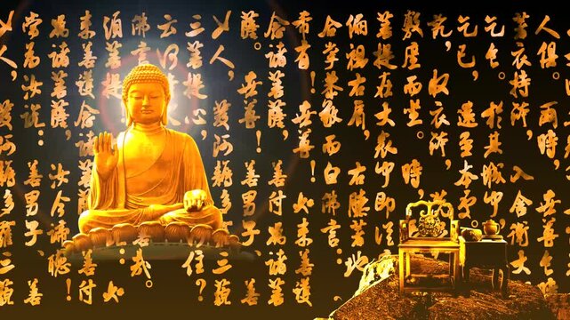 Golden Buddha statue in meditation pose surrounded by glowing Sanskrit scripture and traditional altar setup