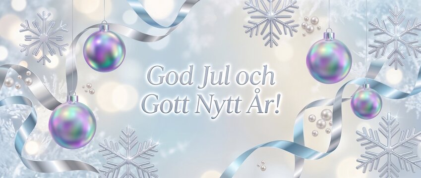 Swedish Christmas greeting God Jul och Gott Nytt &Aring;r with iridescent Christmas ornaments and elegant winter snowflakes