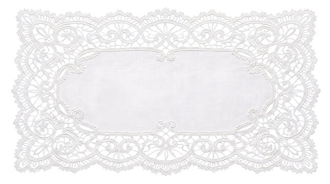 Elaborate white oval lace doily with isolated on transparent background
