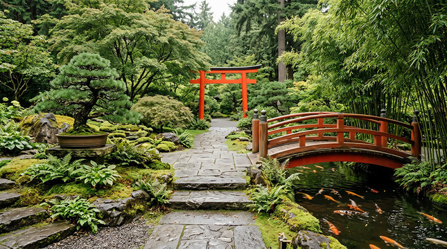 A japanese garden pathway leads to a vermillion torii gate and arched bridge over a koi pond