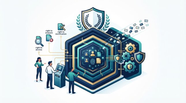 A group works on cybersecurity strategies related to data protection and breach response in an office setting.