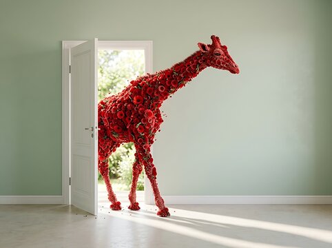A strikingly surreal depiction showcases a vibrant ruby red giraffe seemingly emerging from an open doorway creating a captivating and thought provoking