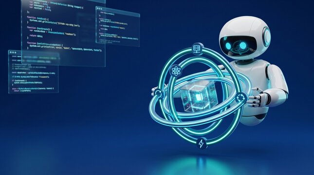 AI agent robot quantum computing nested gyroscope rings workflow automation 3d character calibrating multi axis rotating orbital data core cube with glowing cyan copy space 3d stock illustration