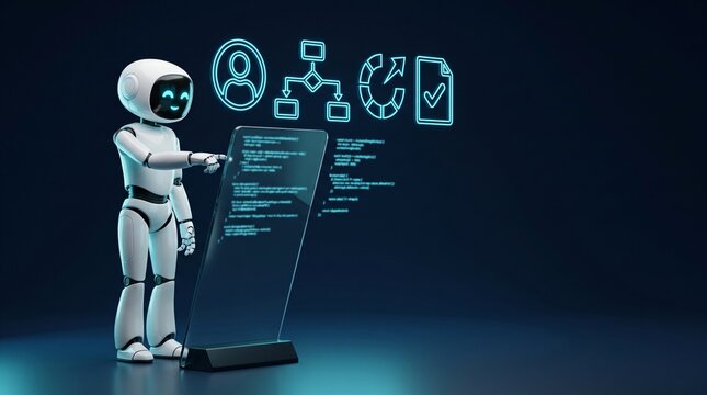 AI agent robot standing three quarter profile self service kiosk workflow automation 3d character touching slanted monolithic capacitive screen terminal with glowing cyan copy space 3d illustration