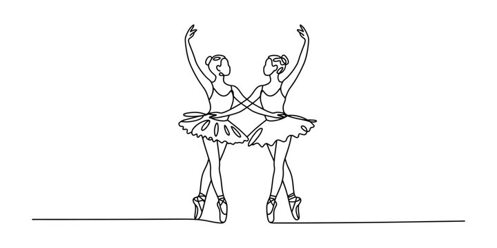 Two ballerinas dancing in a continuous line art drawing