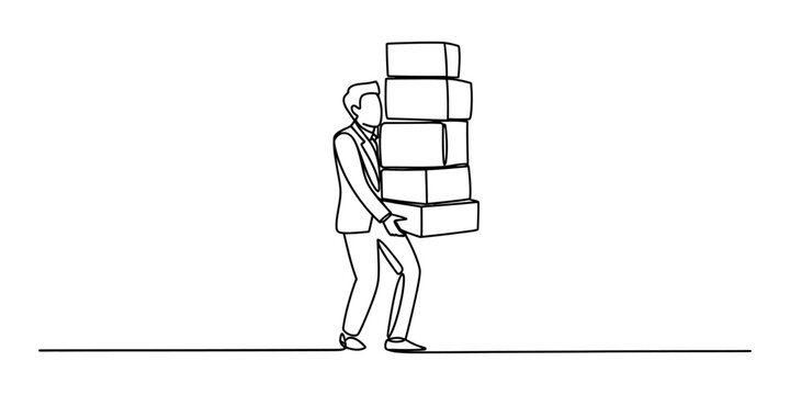 Businessman holding a tall stack of cardboard boxes in a continuous line drawing
