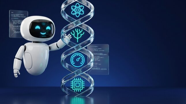 AI agent robot vertical double helix data column workflow automation 3d character tuning algorithmic evolutionary parameters with glowing cyan twisting glass ribbons copy space 3d illustration
