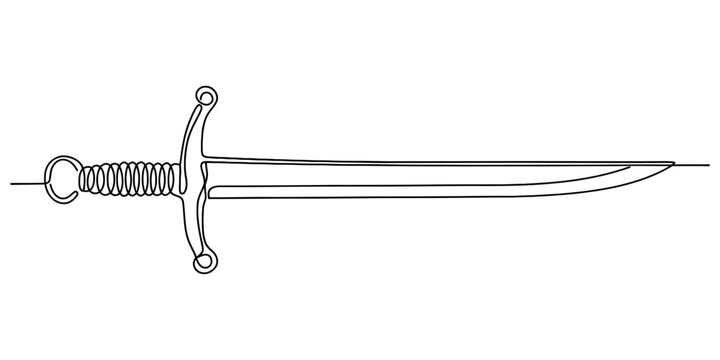 Medieval sword continuous line art with ornate hilt and wrapped grip on a thin horizontal string background vector.