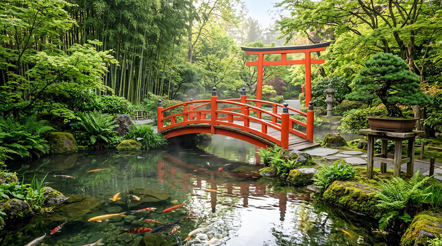 A japanese garden features a vibrant red torii gate and arched bridge over a koi pond