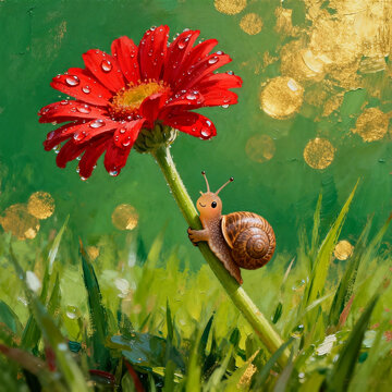Oil Painting of Snail Climbing Red Gerbera