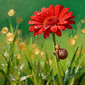 Oil Painting of Snail Climbing Red Gerbera
