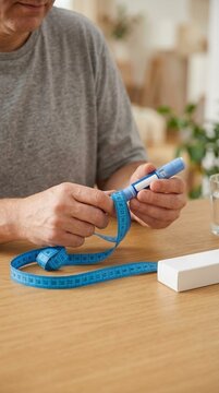 Man measuring insulin pen with tape measure diabetes management concept