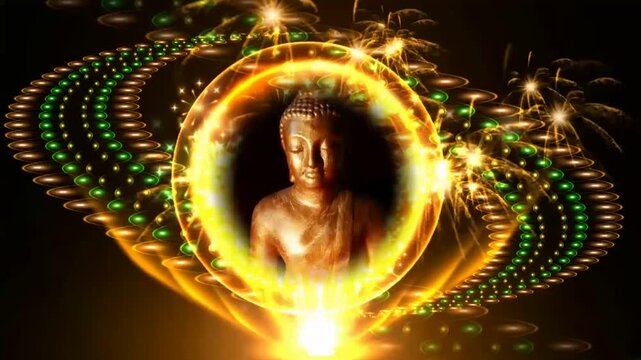 Golden Buddha statue in meditative pose surrounded by glowing golden ring and swirling green bead patterns against dark background