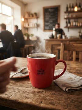 Steaming Red Mug of Coffee on a Rustic Wooden Table in a Cozy Cafe.
