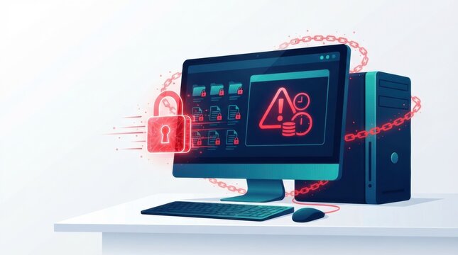 Cybersecurity threat depicted on a computer screen with alerts and a lock symbol highlighting network security issues and data breach concerns.
