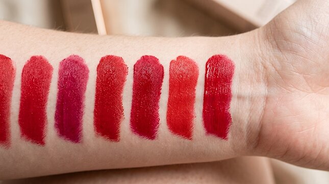 Various Shades of Red Lipstick Swatched on Arm.
