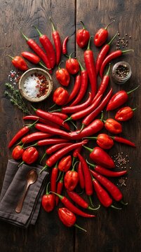 Vibrant Assortment of Fresh Red Chili Peppers and Spices on Rustic Wooden Table.