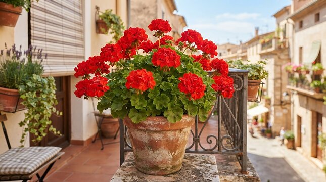 Vibrant Red Geraniums Blooming on a Balcony in a European Village.