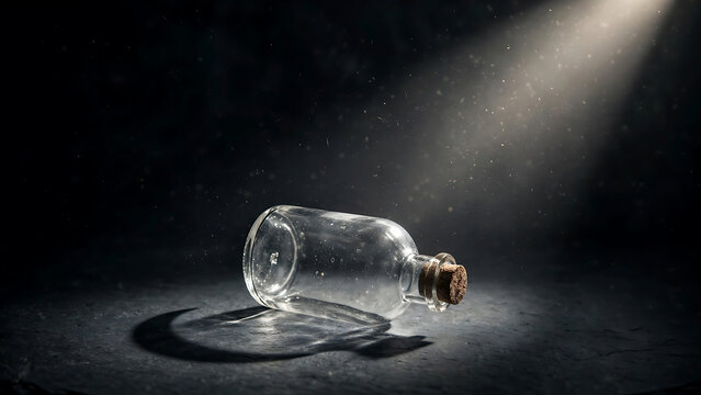 Glass bottle with cork stopper lying on dark slate surface under dramatic light beam with floating dust.